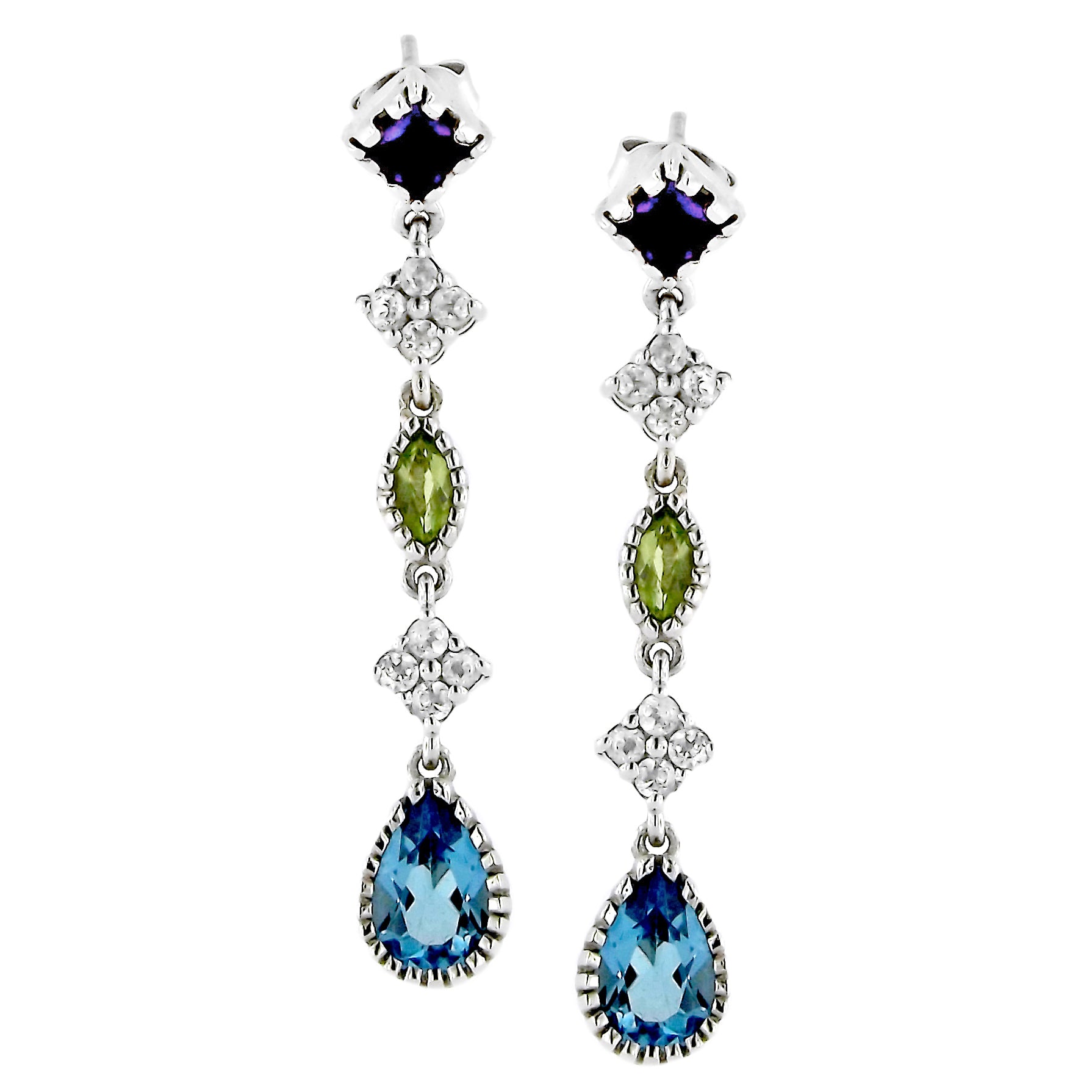 Blue, Green, Purple and White Gemstone Dangling Earrings