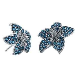 Flower Post Earrings in 10K White Gold with London Blue Topaz Pave and White Zircon Center