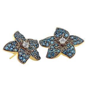 Flower Post Earrings in 10K Yellow Gold with London Blue Topaz Pave and White Zircon Center