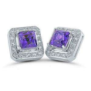 Amethyst Square Silver Stud Earrings with Removable White Topaz Frame