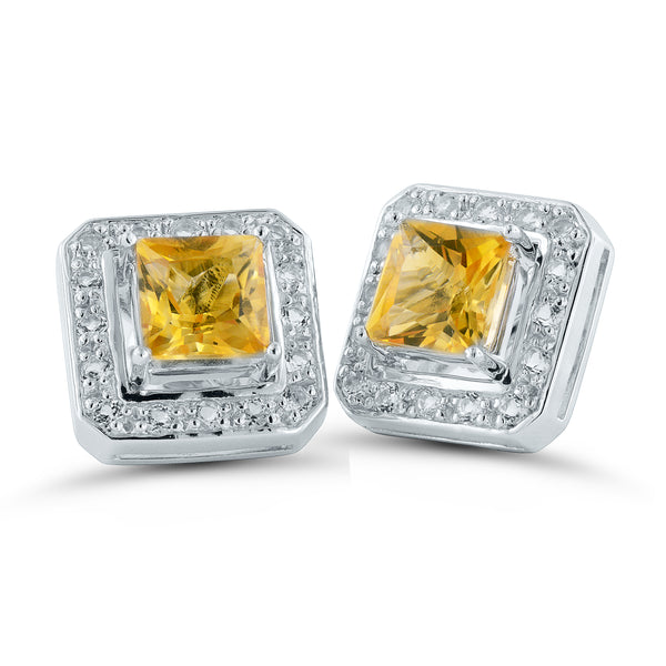 Citrine Square Silver Stud Earrings with Removable White Topaz Frame