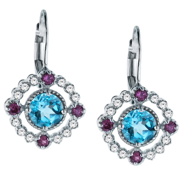 Swiss Blue Topaz and Rhodolite Gemstone Drop Earrings