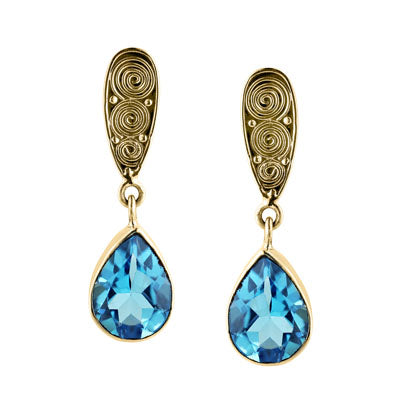18K gold swiss blue topaz drop earrings