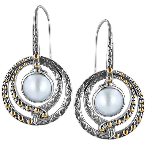 Sterling Silver Circle Drop Earrings with White Mabe & 18K Gold Accents