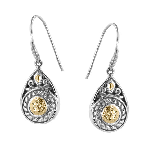 Bali Sterling Silver Cable and Scrollwork Drop Earrings with Hammered 18K Gold Accents