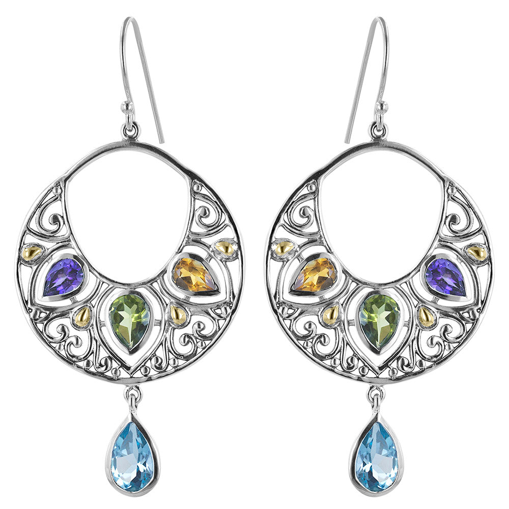 Silver Hoop Drop Earrings Multi Gemstone: Amethyst, Citrine, Peridot & Blue Topaz