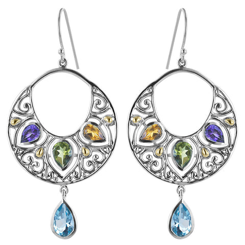 Silver Hoop Drop Earrings Multi Gemstone: Amethyst, Citrine, Peridot & Blue Topaz