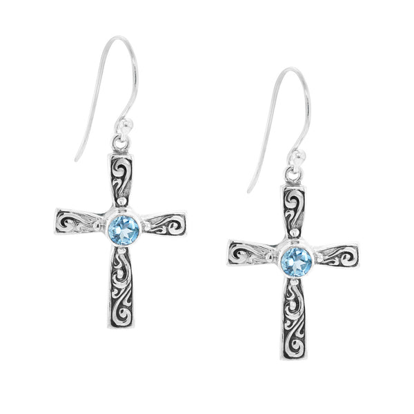 Blue Topaz Cross Earrings Sterling Silver