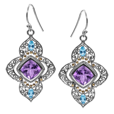 Sterling Silver Quatrefoil Amethyst Blue Topaz Filigree Dangle Earrings with 18K Gold Accents