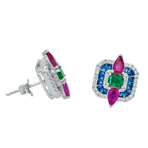 Rhodium Plated Sterling Silver Multi Colored CZ Studs