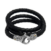 Bali Men's Woven Leather Necklace with Sterling Silver Lobster Clasp and 18K Gold Accent