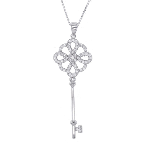 Rhodium Sterling Silver 17" CZ Key Necklace