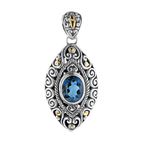 Sterling Silver London Blue Topaz Balinese Scrollwork Pendant with 18K Gold Accents