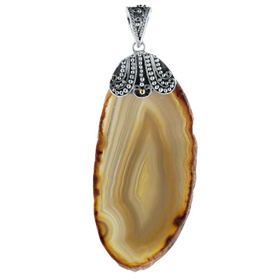 Bali Silver Free Form Golden Brown Agate Slice Pendant with 24" Chain