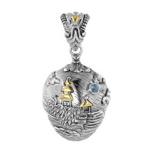 Bali Sterling Silver Tanah Lot Temple Amulet Pendant with Swiss Blue Topaz and 18K Gold Accents
