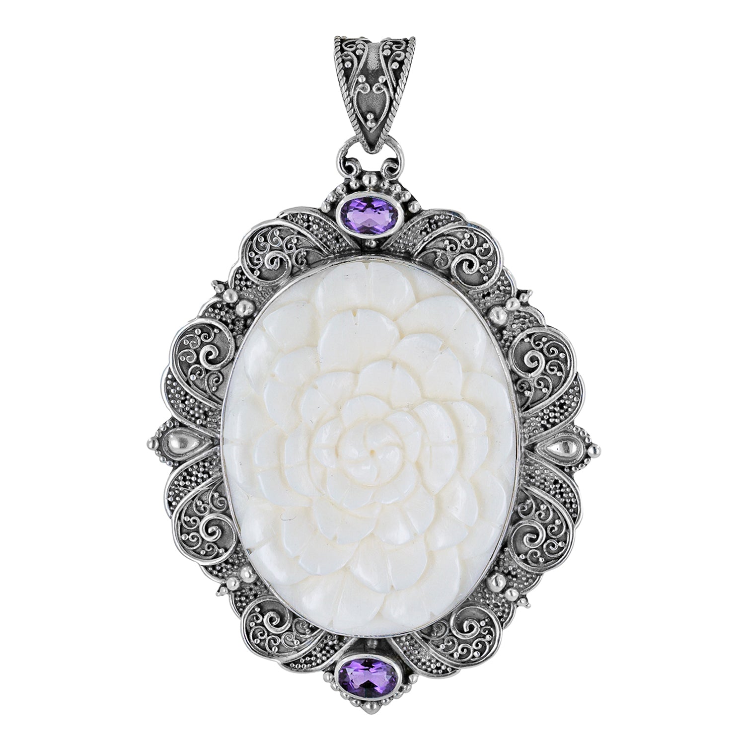 Bali Sterling Silver Floral Bone Carving Filigree Pendant with Amethyst Accents