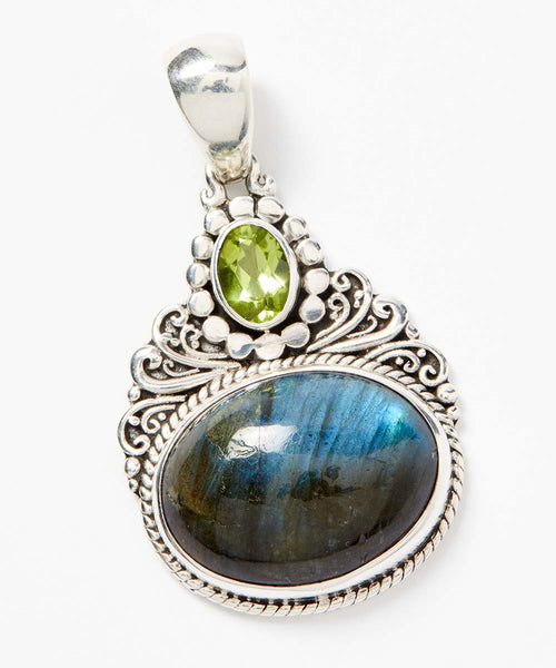 Sterling Silver Labradorite and Peridot Scrollwork Pendant