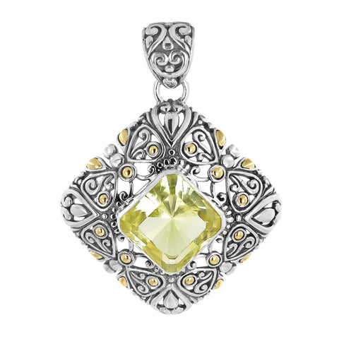 Sterling Silver Filigree Bali Pendant with Lemon Quartz and 18K gold accents