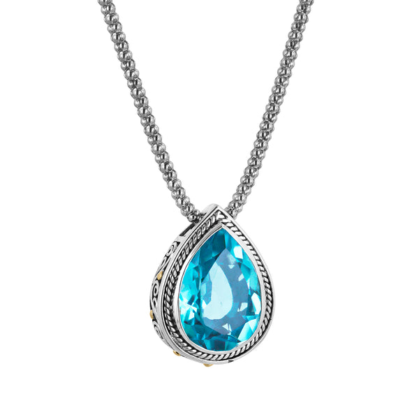 Pear shaped blue gemstone sterling silver pendant with 18K gold accents