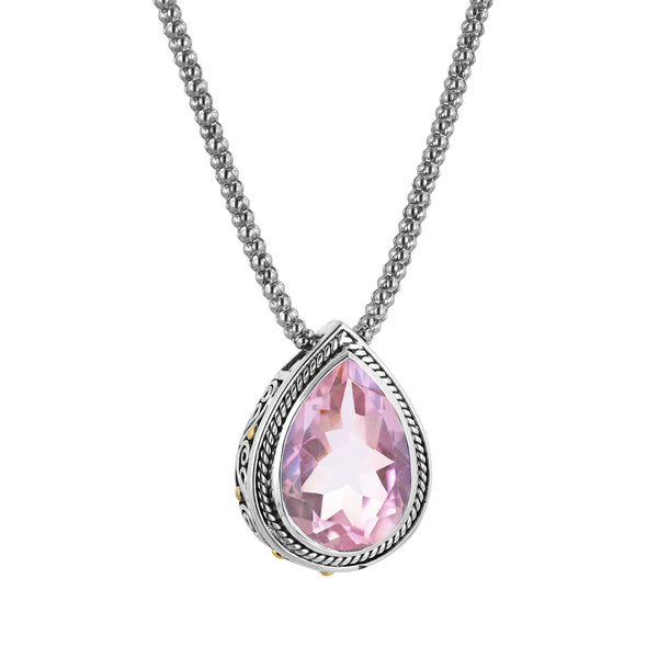 Pear shaped pink gemstone sterling silver pendant with 18K gold accents