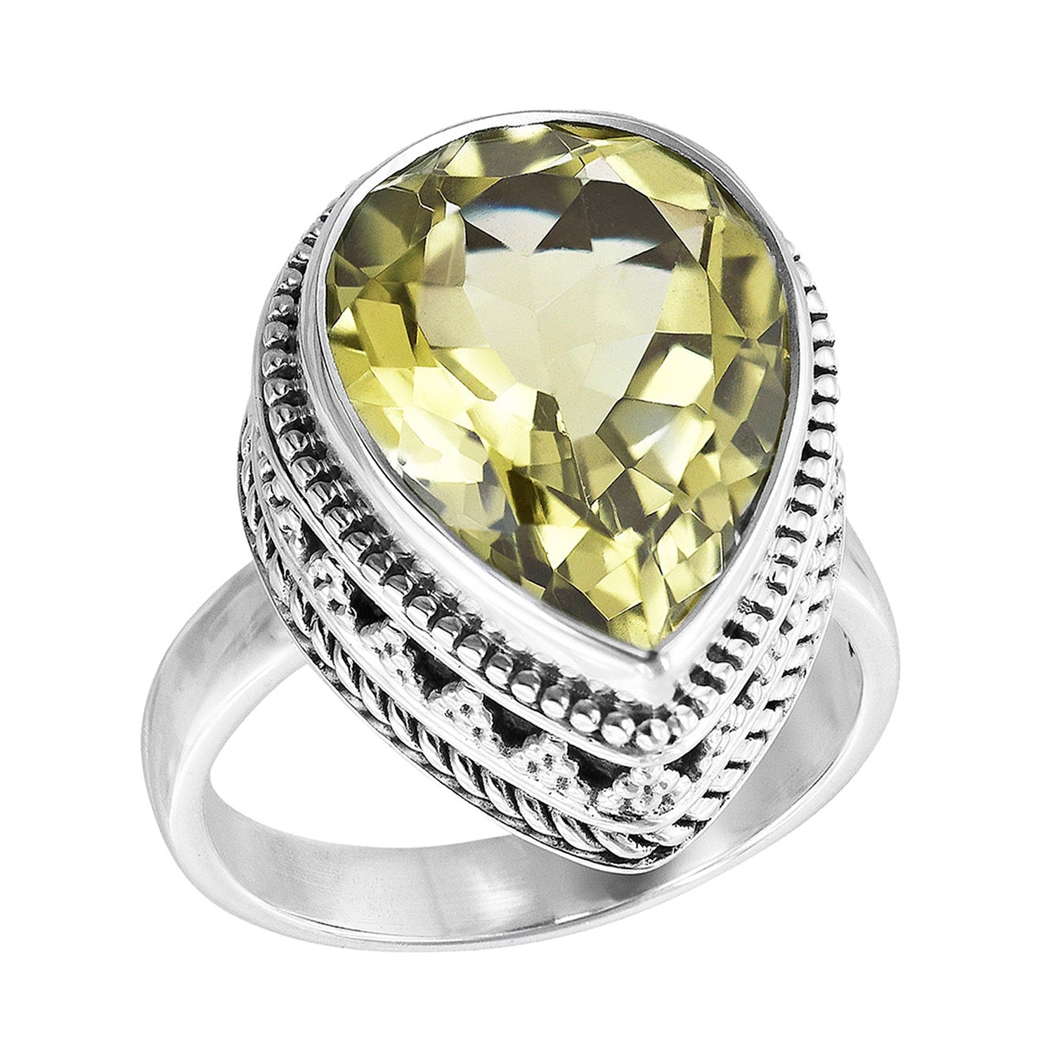 Sterling Silver Yellow Stone Scroll Work Ring