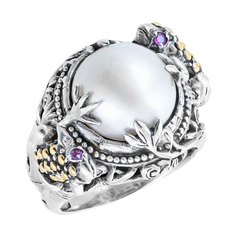 Bali Sterling Silver Mabe Ring with Frog Motif and Pink Sapphire and 18K Gold Accents