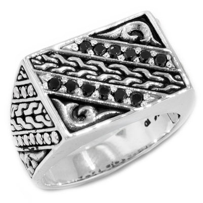 Bali Men’s Sterling Silver Black Spinel Link and Scroll Design Signet Style Ring