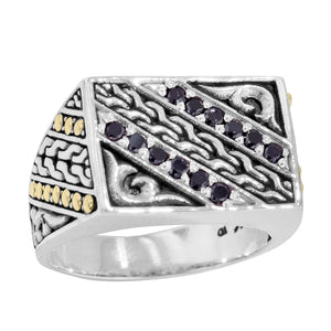 Men’s Sterling Silver Black Zircon Ring with 18K Gold Accents