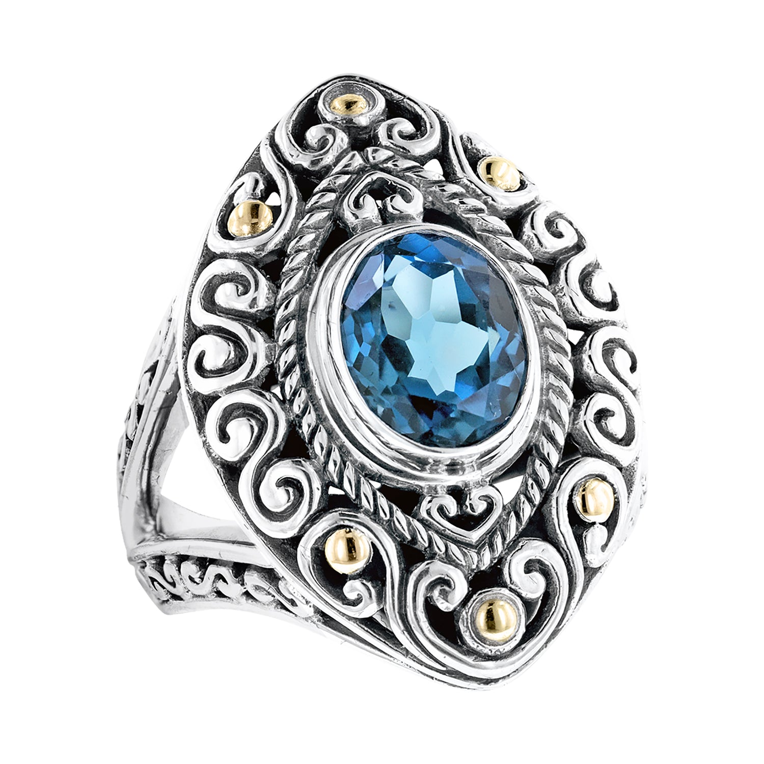 Sterling Silver London Blue Topaz Balinese Scrollwork Ring with 18K Gold Accents