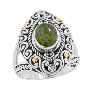 Scrollwork Lime Green Tourmaline and Diamond Silver Gold Ring 