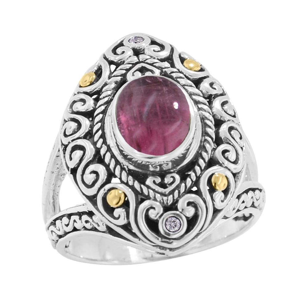 Scrollwork  Pink Tourmaline and Diamond Silver Gold Ring 