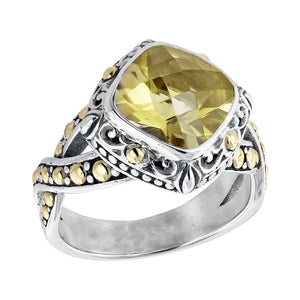 Sterling Silver Lemon Quartz Balinese Scrollwork Ring with 18K Gold Accents