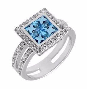 Square Swiss White and Blue Topaz Silver Ring