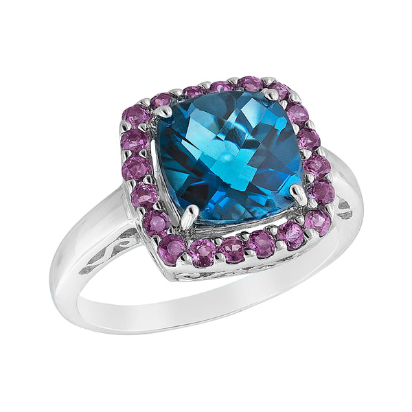 London Blue & Rhodolite Cushion Gemstone Ring