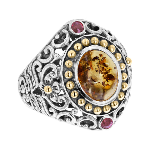Sterling Silver Amber Ring with Balinese Scroll and 18K Gold Accents