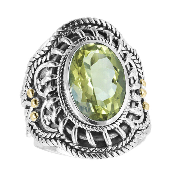 Sterling Silver Oval Gemstone Wire Wrap Herringbone Scroll Ring with 18K Gold Accents