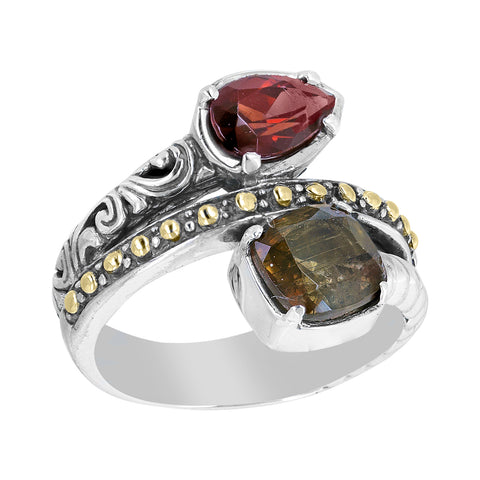 Sterling Silver Andalusite and Garnet Bali Wrap Ring with 18K Gold Accents