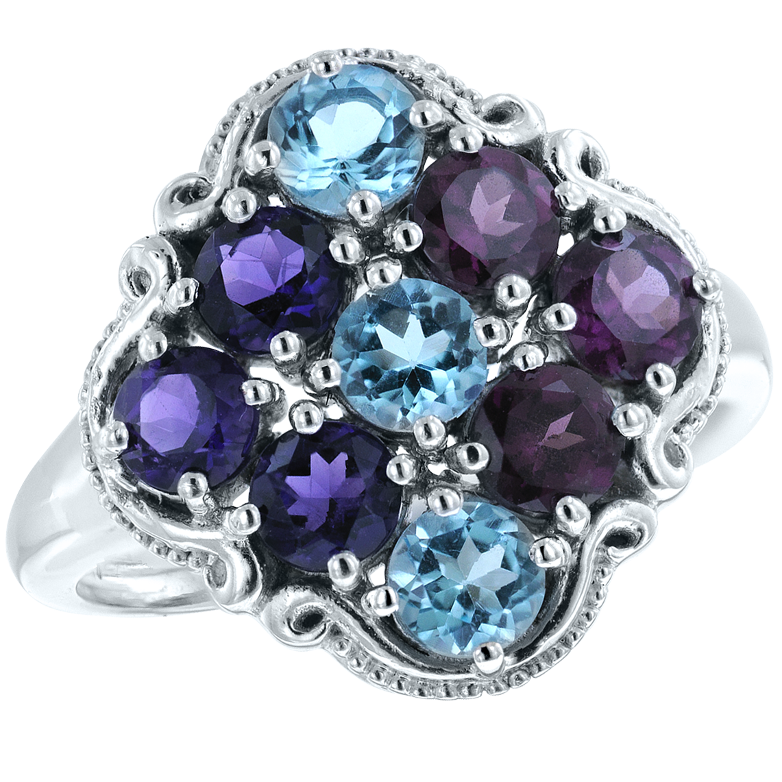 Regalia Ring with Amethyst, Rhodolite, & Blue Topaz