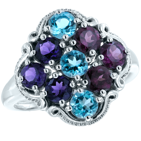 Regalia Ring with Amethyst, Rhodolite, & Blue Topaz