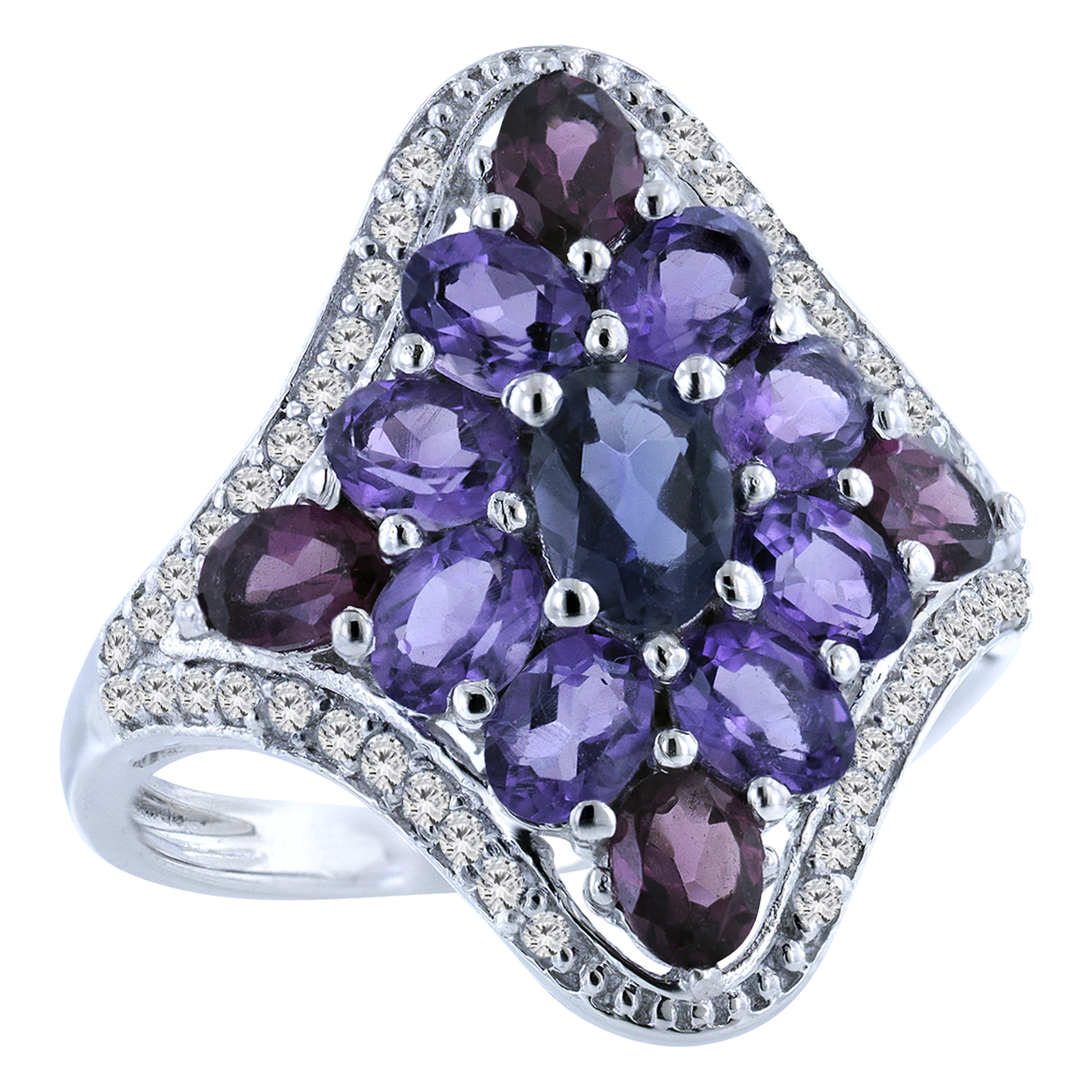 Silver Ring with Purple Iolite, Amethyst, Rhodolite and Topaz 