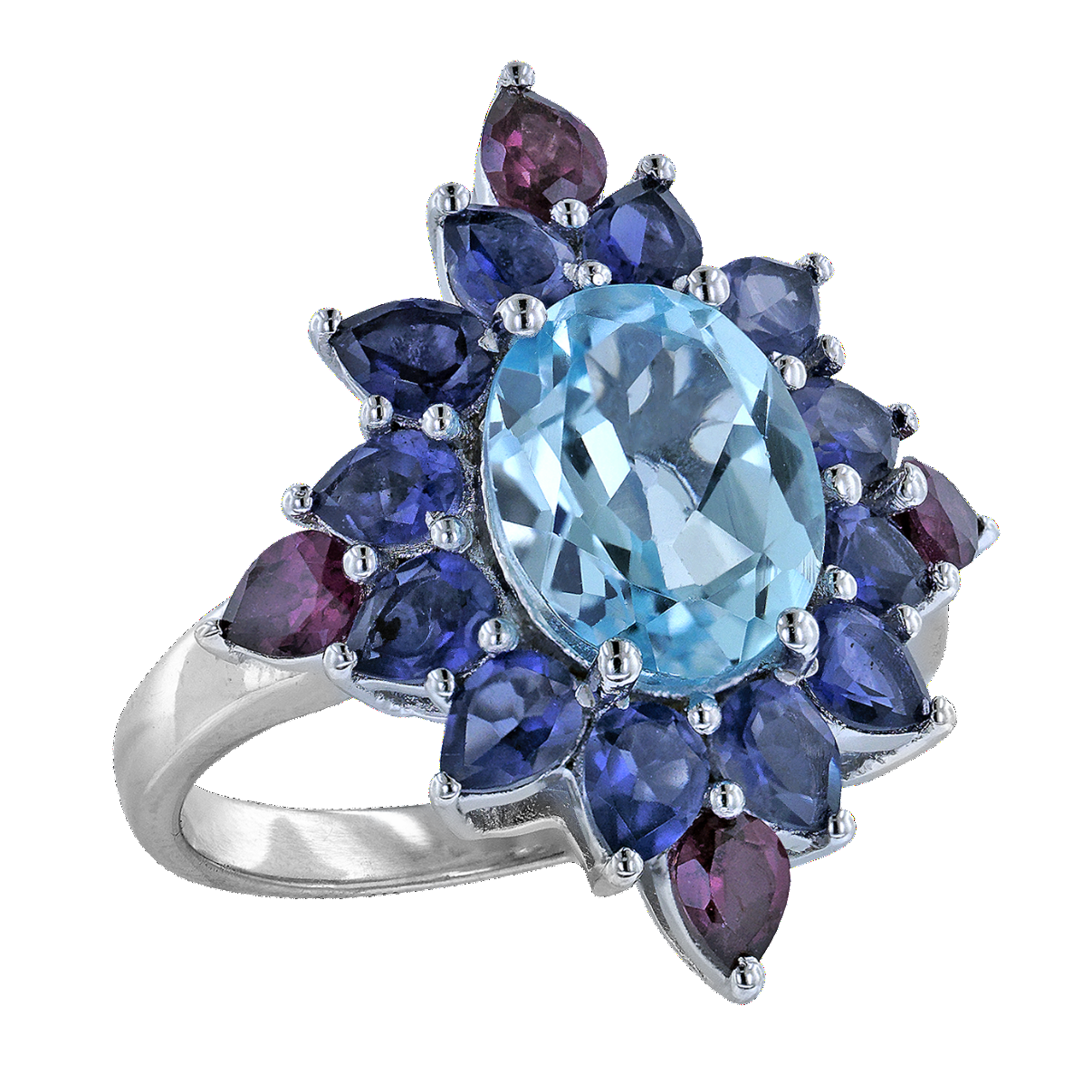 Sky Blue Topaz Silver Ring with Pear Iolite and Rhodolite Accents