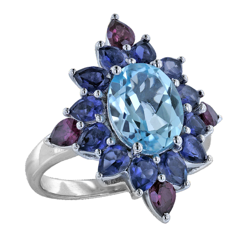 Sky Blue Topaz Silver Ring with Pear Iolite and Rhodolite Accents