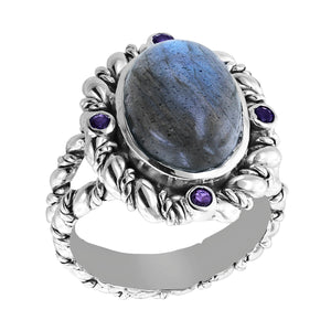 Sterling Silver Bali Labradorite Ring with Double Cable Pattern and African Amethyst Accents