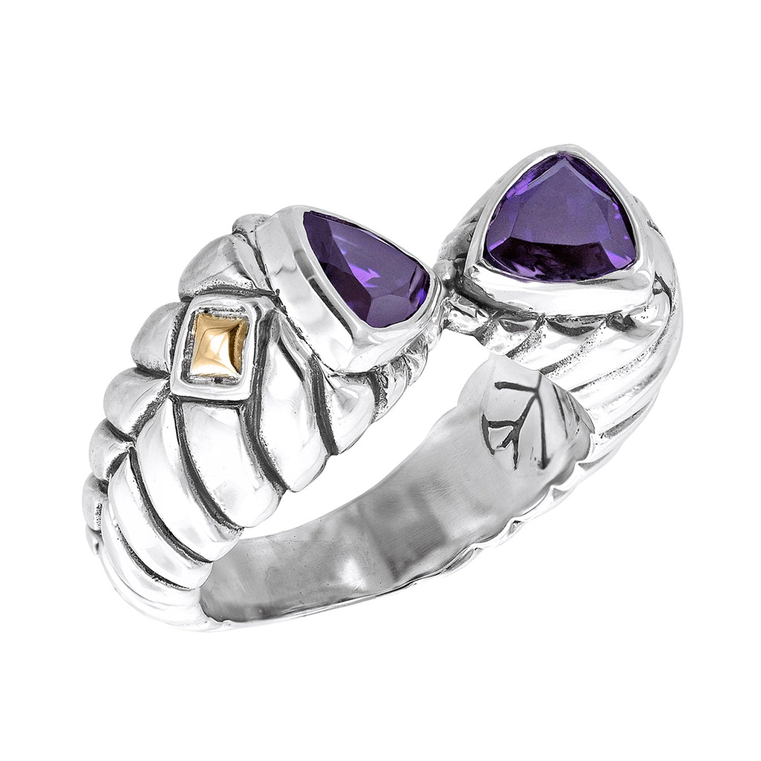 Sterling silver herringbone cable ring with triangular purple stone and 18k gold diamond shapes