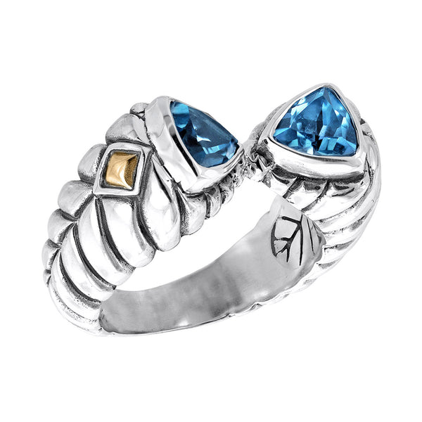 Sterling silver herringbone cable ring with triangular blue stones and 18k gold diamond shapes