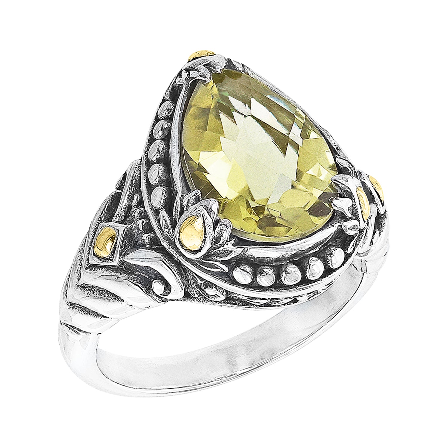Bali Sterling Silver Pear Shaped Lemon Quartz Ring with Lotus Flower and 18K Gold Accents