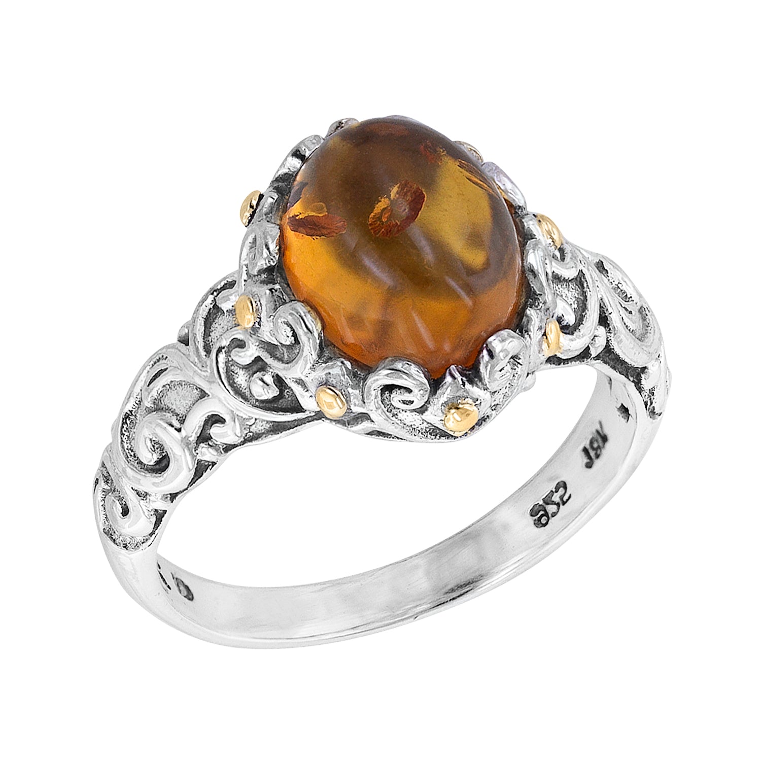 Sterling Silver Amber Bali Scroll Ring with 18K Gold Accents