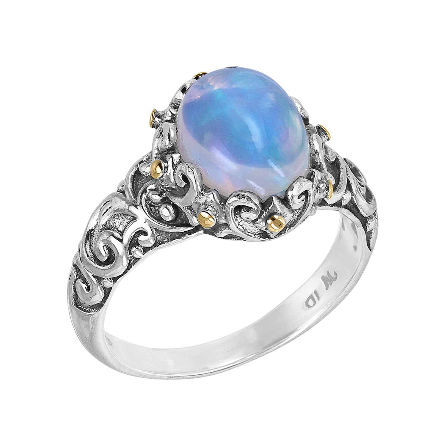 Sterling Silver Ethiopian Opal Bali Scroll Ring with 18K Gold Accents