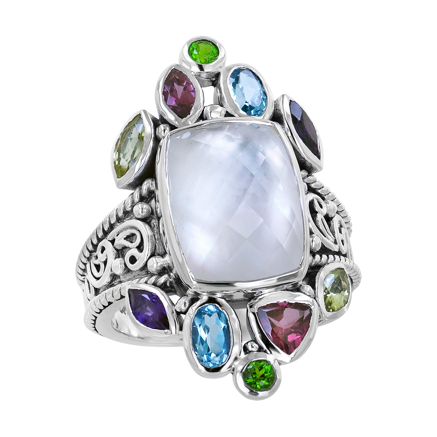 Sterling silver ring with large Mother of Pearl and multi-colored gemstones