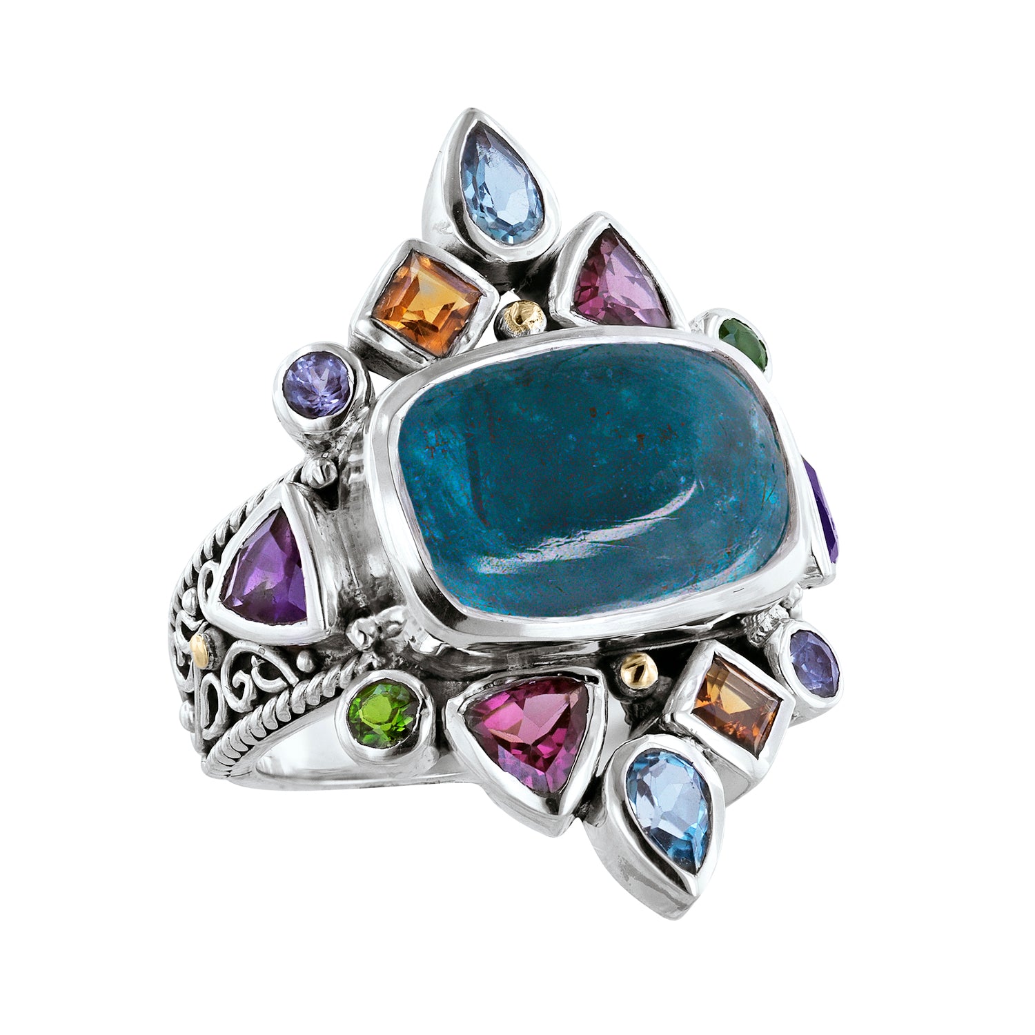 Sterling Silver Apatite Multi Color Gemstone Scroll Work Ring